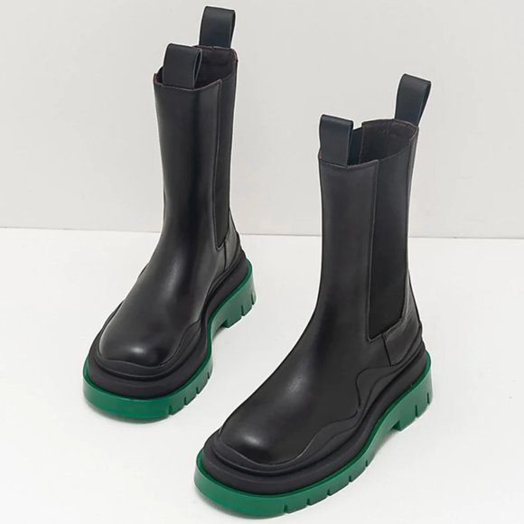 Anna Xi Shoes - Black Leather w/Green Sole Lug Boots